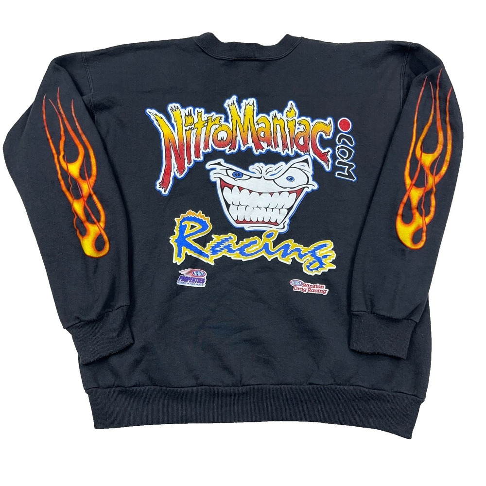 Vintage Nitro Maniac Racing Sweatshirt Men Medium Black Fire Flames NHRA Y2K  *